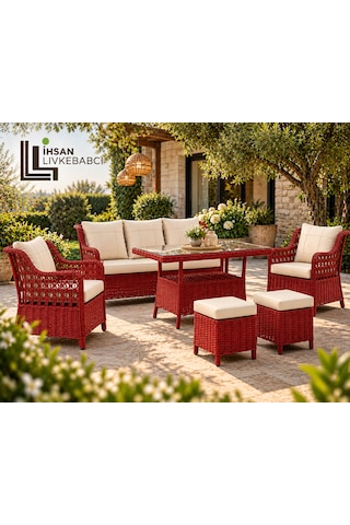 Rattan Bahçe Ve Balkon Takımı Kırmızı 3+1+1