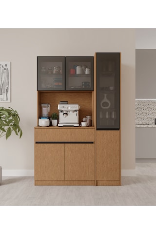 Bambu Midi Sağ Vitrinli Komple Mdf Led Aydınlatmalı Kahve Köşesi