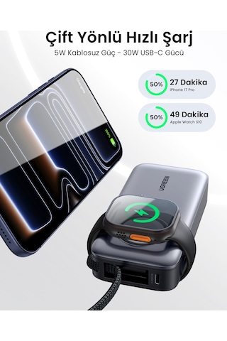 Ugreen 10.000 Mah 30w Magsafe Kablosuz Hızlı Şarj Powerbank, Apple Uyumlu Watch Şarj Destekli 5w , 55434b Gri