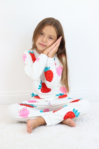 Kız Çocuk Orta Kalınlıkta Basic Baskılı Pijama Takımı Beyaz