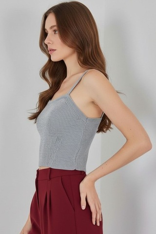 Hiccup Bdart Kare Yaka Ribana Örgü Crop Top Gri