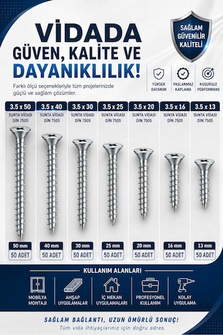 Sunta Vidası Seti 3.5 13 3.5 16 3,5 20 3,5 25 3,5 30 3,5 40 3,5 50 - 7parca 350pcs Diğer Sunta Vidası Seti 3.5 13 3.5 16 3,5 20 3,5 25 3,5 30 3,5 40 3,5 50 - 7parca 350pcs Diğer