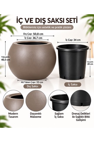 Büyük Yuvarlak Dekoratif Saksı 50,8 Cm Vizon Kahve Renk İç Ve Dış Saksı Seti -
