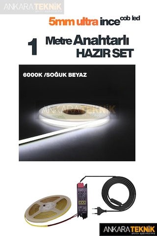 Ankara Teknik 5mm Ultra Ince Cob Şerit Led - 6000k Soğuk Beyaz 12volt Tak Çalıştır Anahtarlı Set Metre Seçiniz 1 Metre