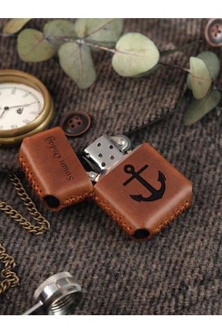 Vagave Taba Renk Hakiki Deri Kılıflı Zippo Benzinli Çakmak