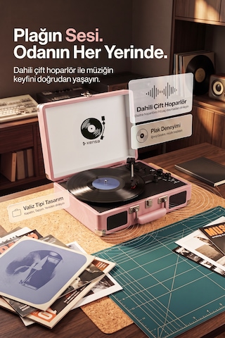 Kensa Bluetooth Lu Nostaljik Çantalı Pikap 33/45/78 Devir Dahili Bataryalı Plak Çalar Pembe