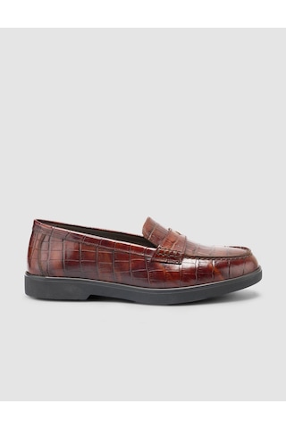 %100 Hakiki Deri Kahverengi Croco Desen Kadın Loafer Kahverengi