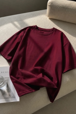 Bbbutikbasic Erkek Oversize Basic Bisiklet Yaka Pamuklu Tişört My3535 Bordo