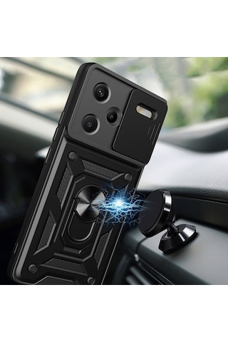 Vendas Xiaomi Redmi Note 13 Pro Plus 5g Kılıf Magnetik Standlı Kamera Korumalı Zore Sürgülü Vega Kapak Siyah