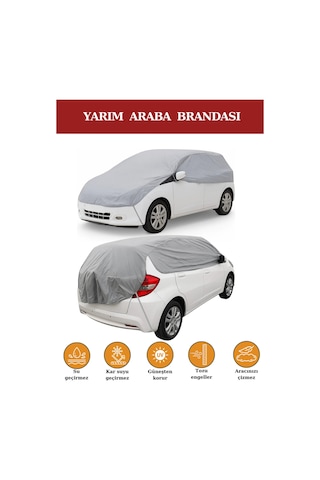 Gri Yarım Araba Brandası, Su Geçirmez, Güneşten Korur, Toz Ve Kir Önleyici, Buzlanma Önleyici Gri