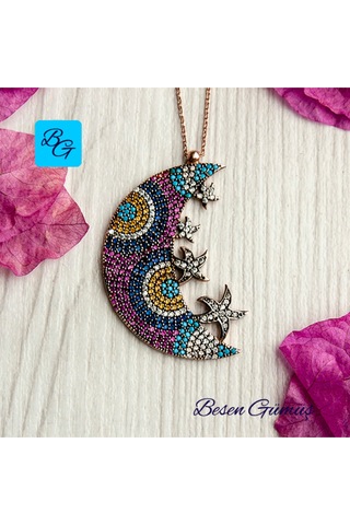 Renkli Zirkon Taşlı Ay Yıldızlar Kolye Rose - Gold - Gümüş