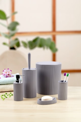 5'li Modern Ve Şık Banyo Seti, Sıvı Ve Katı Sabunluk, Diş Fırçalık, Çöp Kovası, Klozet Fırçası Gri