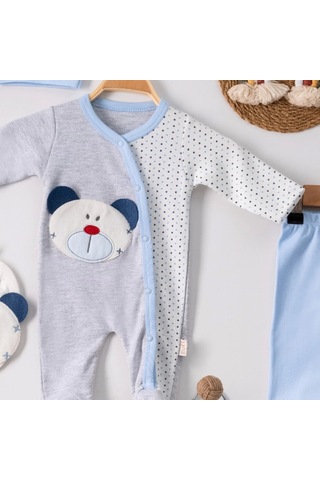 3 Ay Ayıcıklı Tulumlu Erkek Bebek 5'li Set Mavi
