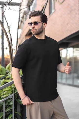 Madmext Siyah Bisiklet Yaka Oversize Erkek Tişört E7176