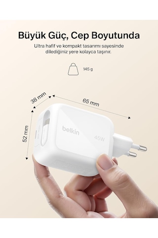 Belkin Ultracharge 45 W Gan Şarj Aleti, 0,8 M Geri Çekilebilir Usb-c Kablo İle, Beyaz