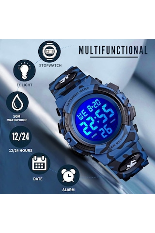 Çocuk Saati 6-15 Yaş Arası Erkek Çocukları İçin Dijital Spor Açık Hava Çok Fonksiyonlu Kronograf Led 50 M Su Geçirmez Alarm Takvim Analog Saat Silikon Bantlı Çocuklar İçin E Diğer