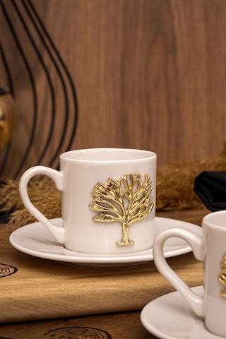 Heda Porselen Hayat Ağacı Altın Kabartma Motif 2 Kişilik Kahve Fincan Takımı