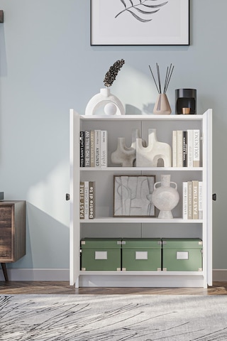 Bili Yatay Kitaplık 3 Raflı 2 Kapaklı Çok Amaçlı Ofis Salon Çalışma Odası Kütüphane Rafı Beyaz Beyaz
