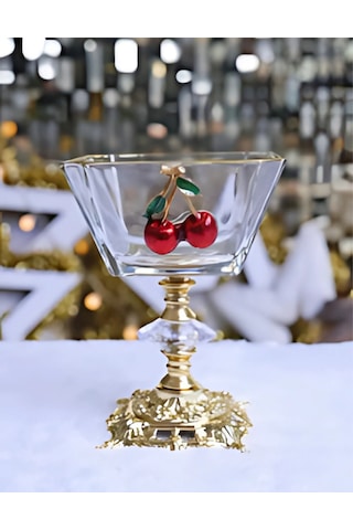 Assa Bazaar 6 Lı Kiraz Detaylı Gold Metal Ayaklı Magnolia Cup Mini Dondurmalık & Tatlı Kasesi Seti Kırmızı