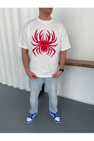 Modi Erkek Örümcek Baskılı Tişört Kısa Kollu Bisiklet Yaka T-shirt - Beyaz Açık Beyaz