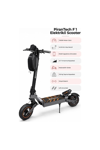 F1 Elektrikli Scooter 1000W Turuncu | Mobil Uygulama | Çift Amortisör | Uzun Menzil