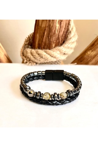 %100 Deri-hematit Kombin Erkek Bileklik Net 21cm Türk El Üretimi Siyah - Gri