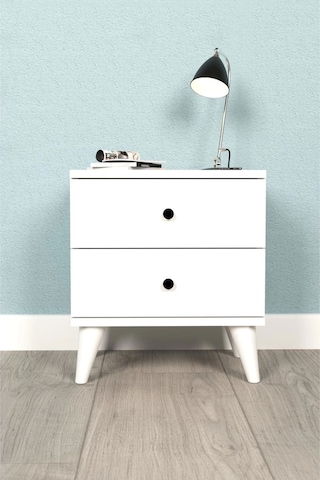 Komidin 2 Çekmeceli Beyaz Siyah Düğme Kulplu Konik Ayaklı Kurulu