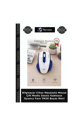 Bilgisayar Cihaz Masaüstü Mouse Çift Modlu Sessiz Kablosuz Oyuncu Fare Tm20 Beyaz Mavi