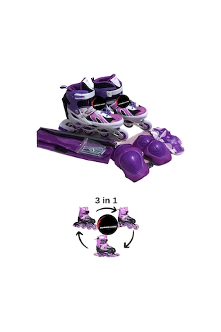 Işıklı Çocuk Pateni Silikon Ayarlanabilir Teker Metal Gövde Numaralı Ve Koruma Seti Mor