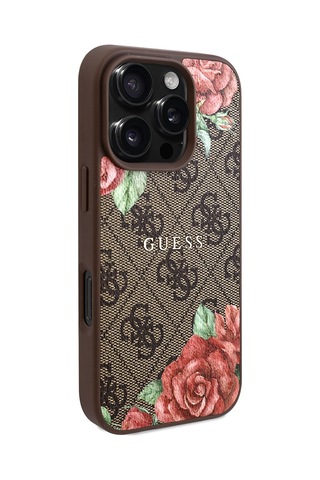 Apple Uyumlu iPhone 16 Pro Max Kılıf Guess Lisanslı Magsafe Gül Baskılı 4g Desenli Yazı Logolu Kahverengi