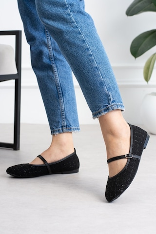 Shoetek Sawra Kadın Babet Önden Bantlı Tokalı Keten Dokumalı Siyah Siyah Keten