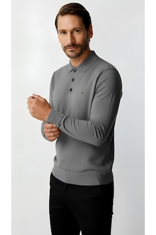 İgs Gri Standart Fit Dar Kalıp Polo Yaka Düz Uzun Kollu Rayon Triko-21896 Gri