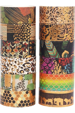 Neevoyu Vahşi Hayvan Desenli 12'li Set Folyo Altınlı Washi Bandı - 3 Metre Uzunlukta El Defteri, Ajanda Ve Hediye Paketi Dekorasyon Kullanıma Uygun