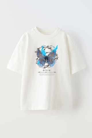 Thewert Unisex Dikenli Tel Kelebek Tasarım Baskılı Pamuk Beyaz Oversize T-shirt
