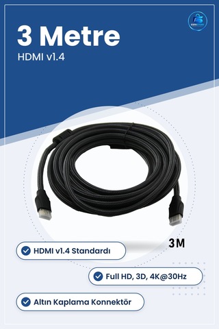Hdmı V1.4 Kablo 3 Metre Örgülü Altın Kaplama Full Hd 3d 4k 30hz T
