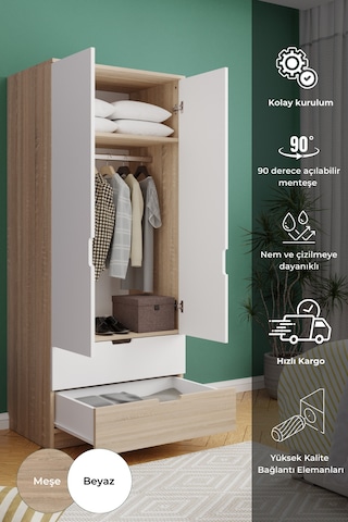 Lento 2 Kapaklı 1 Askılı 2 Çekmeceli Gardırop Beyaz Meşe Beyaz Meşe