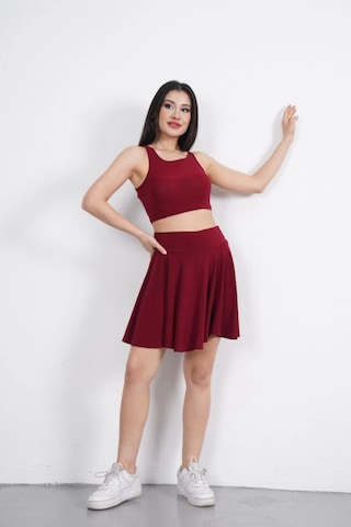 Sendy Kumaş Bisiklet Yaka Crop Şortlu Etek Ikili Takım - Bordo Bordo