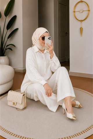 Hira Life Fashion Kadın Kolu Taş Detaylı Bel Bağlamalı Salaş Keten Gömlek Pantolon İki 'li Şık Takım Beyaz Beyaz