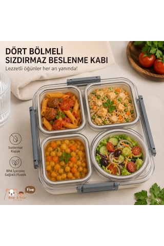 Sosluklu 4 Bölmeli Gıdaya Uygun Plastik Yemek Kabı Sızdırmaz Kapaklı Taşınabilir Diyet Beslenme Kabı 611 1800ml Açık Gri
