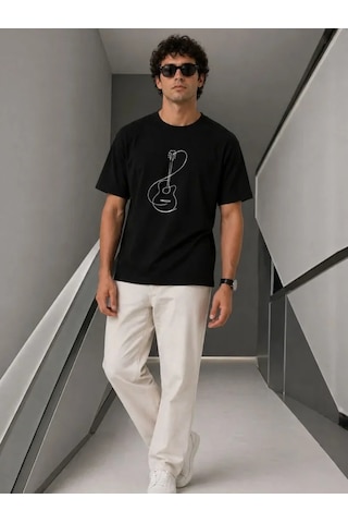 Modi Erkek Minimal Gitar Baskılı Tişört T-shirt Yazlık Kısa Kol Bisiklet Yaka T-shirt - Siyah Açık Lacivert - Gri - Siyah