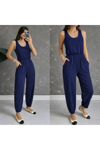 Defymoda Kadın Askılı Yuvarlak Yakalı Cepli Viskon Tulum Lacivert