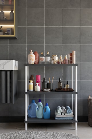 3 Raflı Çevir Tak Beyaz Metal Gövdeli Çok Amaçlı Banyo Rafı Ve Organizer Raf Banyo Dolabı Antrasit