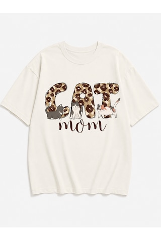Montree Kedi Cat Mom Baskılı Oversize %100 Pamuk Premium Tişört Beyaz