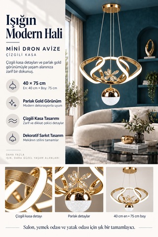 Mini Dron Büyük Modern Ledli Avize Çizgili 3 Renk Power Ledli Gold Kaplama Çoçuk Odası Yatak Odası Mutfak