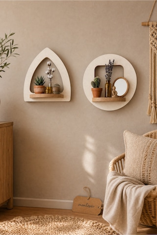 Ahşap Dekoratif Duvar Rafı 2 Li / 3 Lü Set Mtsv - 857 Beyaz