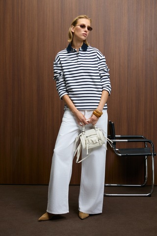 Grımelange Muse Kadın Çizgili Triko Polo Yakalı Regular Fit Lacivert Sweatshirt Lacivert