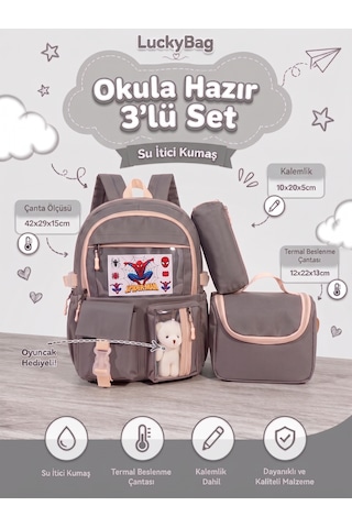 Kore Kawaii Tarzı Erkek Kız Okul Çantası Aksesuarlı Kız Çocuk Ve Erkek Çocuk Sırt Çantası 3'lü Set Gri