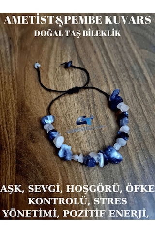 Gümüştel El Sanatları Sertifikalı Doğal Kırık Taş Pembe Kuvars & Ametist Taşı Bileklik Asansörlü Kilit Sistemi Çok Renkli