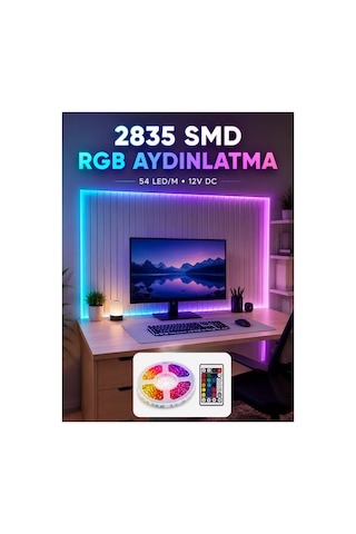 Tek Najma 5m Rgb Şerit Led Seti 12v 2835 Smd Kumandalı Ev Oda Ve Dekoratif Ambiyans Aydınlatma Yeni Standart