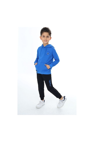 Toontoy Kids Toontoy Erkek Çocuk 2'li Takım Baskılı Kapüşonlu Cepli Sweatshirt & Beli Paçası Lastikli Cepli Jogger Eşofman Altı - Renk Bloklu & 2 İplik Saks